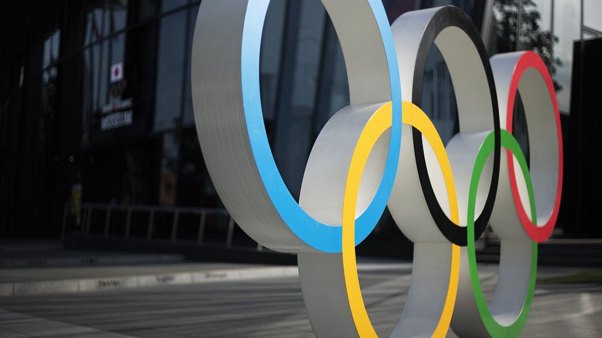 This photo shows the Olympic rings installed at the Japan Olympic Museum in Tokyo on Friday, March 19, 2021. 