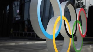 This photo shows the Olympic rings installed at the Japan Olympic Museum in Tokyo on Friday, March 19, 2021.