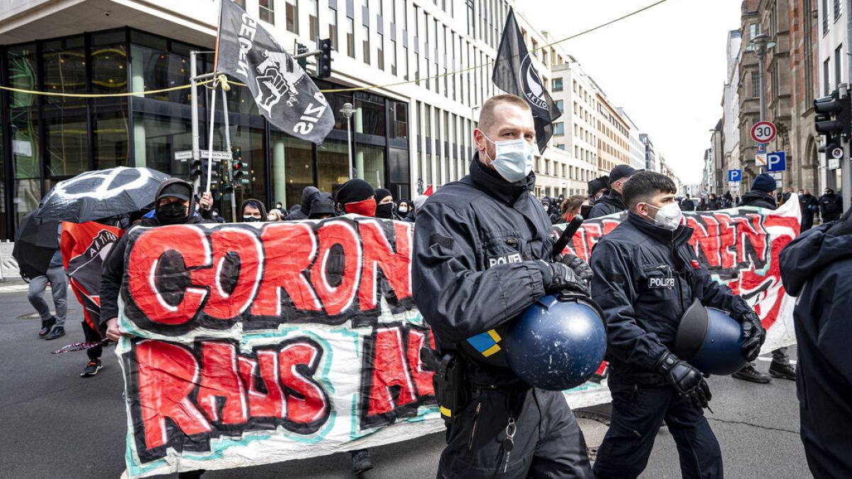 Various initiatives and left-wing groups demonstrate against a demo of right-wing extremists and so-called "Reichsbuerger" in Berlin, Germany, Saturday, March 20, 2021. 