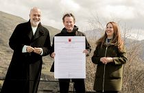 Albanian Prime Minister Edi Rama, Minister of Tourism and Environment Mirela Kumbaro Furxhi and Patagonia CEO Ryan Gellert sign a declaration for the Wild River National Park