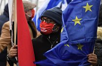 A demonstrator wearing a protective face mask reading 'stop Erdogan' takes part in Brussels