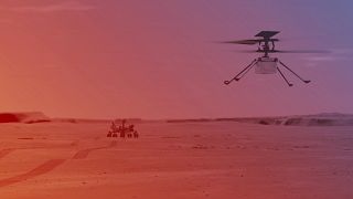 تظهر هذه الصورة التي  التقطتها وكالة ناسا في 23  آذار / مارس 2021 رسماً توضيحياً لطائرة هليكوبتر تابعة لناسا وهي تحلق على سطح المريخ