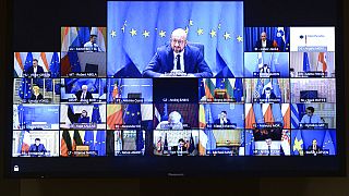 EU leaders participates in an EU summit video conference on security and defense issues at the European Council building in Brussels, Friday, Feb. 26, 2021.