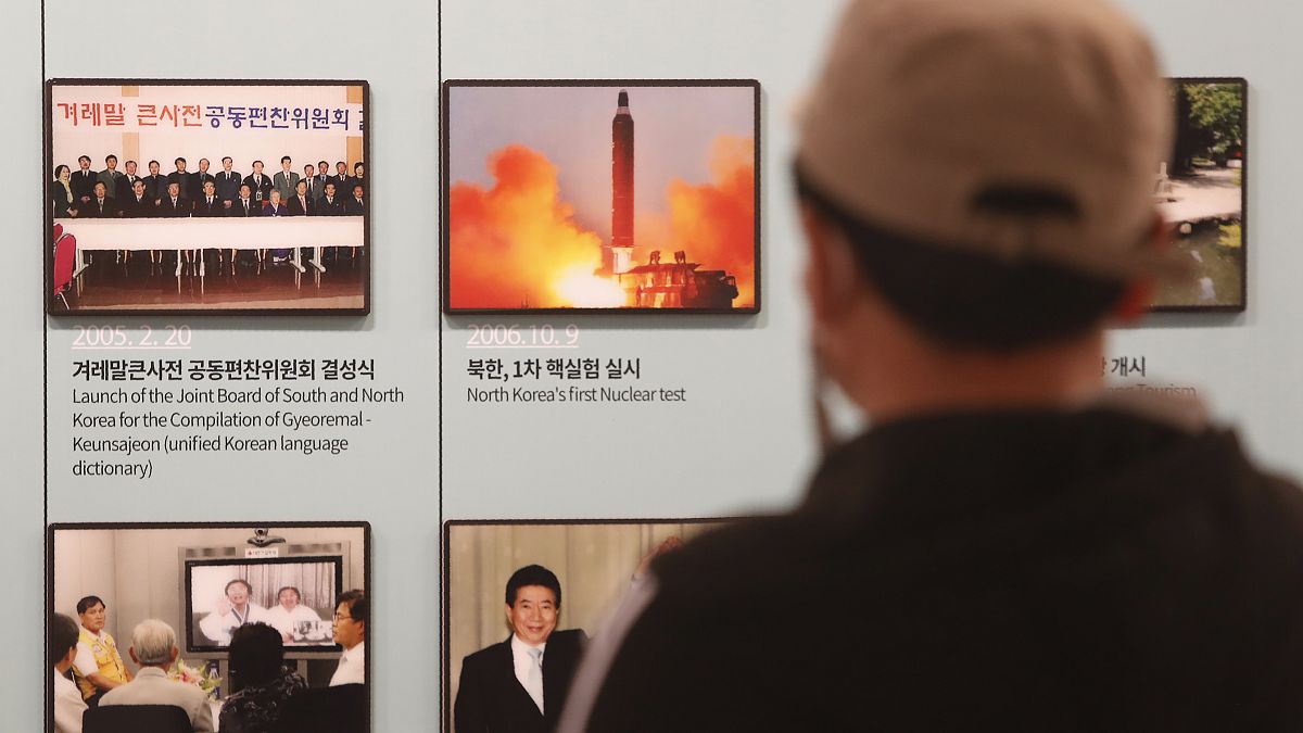 A photo showing North Korea's missile launch is displayed at the Unification Observation Post in Paju, near the border with North Korea, South Korea, March 24, 2021.