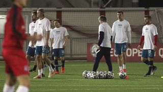 Norway players warm up ahead of the World Cup 2022 group G qualifying soccer match between Gibraltar and Norway in Gibraltar, Wednesday March 24, 2021. 