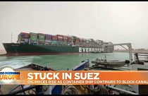 Mega container ship stuck in the Suez Canal in Egypt