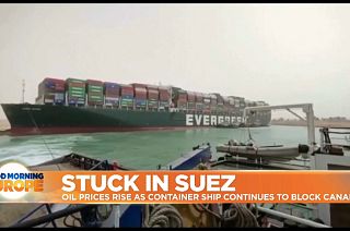 Mega container ship stuck in the Suez Canal in Egypt