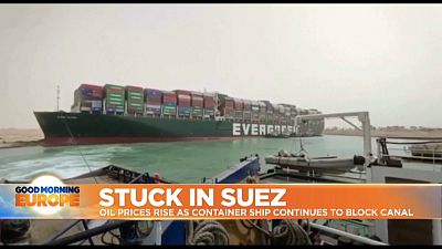 Mega container ship stuck in the Suez Canal in Egypt