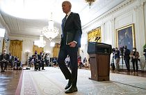 President Joe Biden walks off after a news conference in the East Room of the White House, Thursday, March 25, 2021, in Washington.