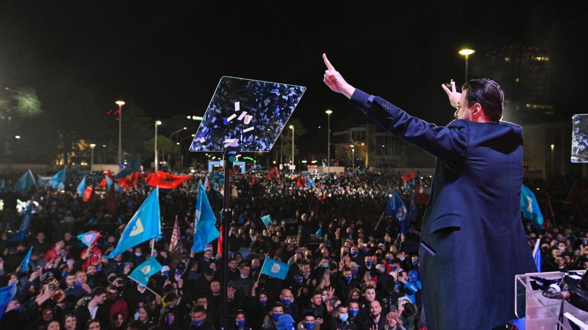 Democratic Party leader Lulzim Basha speaks to supporters in Tirana. 