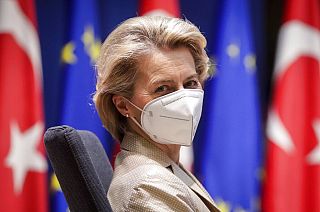 European Commission President Ursula von der Leyen waits for the start of a video conference meeting with Turkey's President Recep Tayyip Erdogan at the European Council.