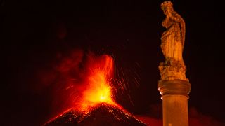 Lava erupts from Mt. Etna volcano during its sixteenth eruption since the volcanic activity started in February. Fornazzo, Sicily, Italy. March 24, 2021