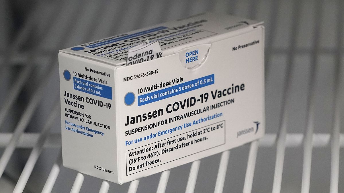 A box of the Johnson & Johnson COVID-19 vaccine is shown in a refrigerator