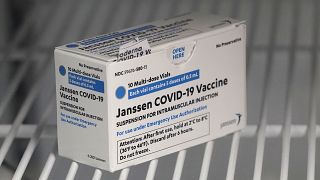 A box of the Johnson & Johnson COVID-19 vaccine is shown in a refrigerator