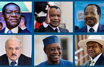 De gauche à droite :Teodoro Obiang Nguema, Denis Sassou-Nguesso, Paul Biya. En bas : Alexandre Loukachenko, Idriss Déby, Yoweri Museveni