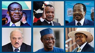De gauche à droite :Teodoro Obiang Nguema, Denis Sassou-Nguesso, Paul Biya. En bas : Alexandre Loukachenko, Idriss Déby, Yoweri Museveni