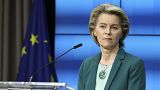 European Commission President Ursula von der Leyen at the European Council building in Brussels, Thursday, March 25, 2021. 
