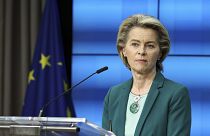 European Commission President Ursula von der Leyen at the European Council building in Brussels, Thursday, March 25, 2021. 