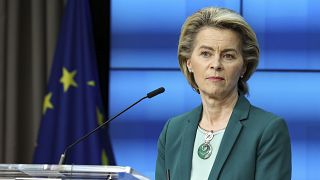 European Commission President Ursula von der Leyen at the European Council building in Brussels, Thursday, March 25, 2021. 