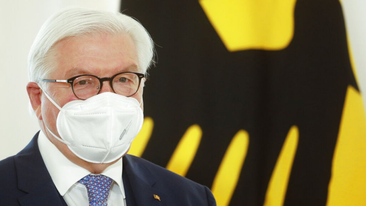 FILE: German President Frank Walter Steinmeier attends a ceremony to honour people for their services during the coronavirus pandemic, Friday, March 26, 2021. 
