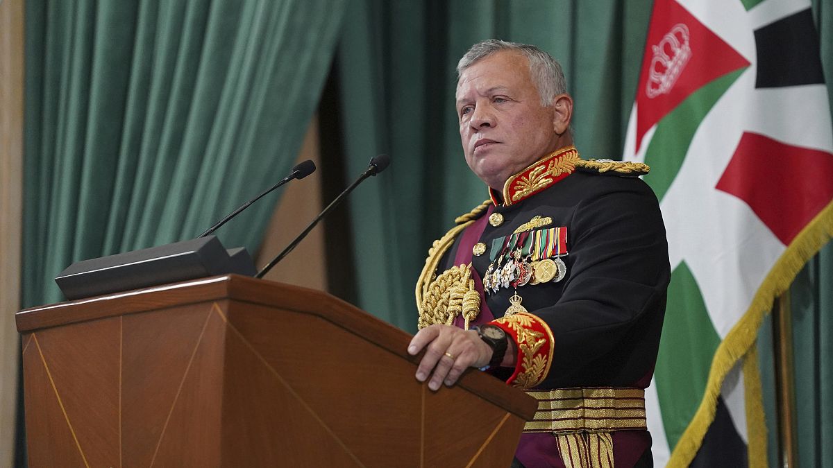 In this Dec. 10, 2020 photo released by the Royal Hashemite Court, Jordan's King Abdullah II gives a speech.