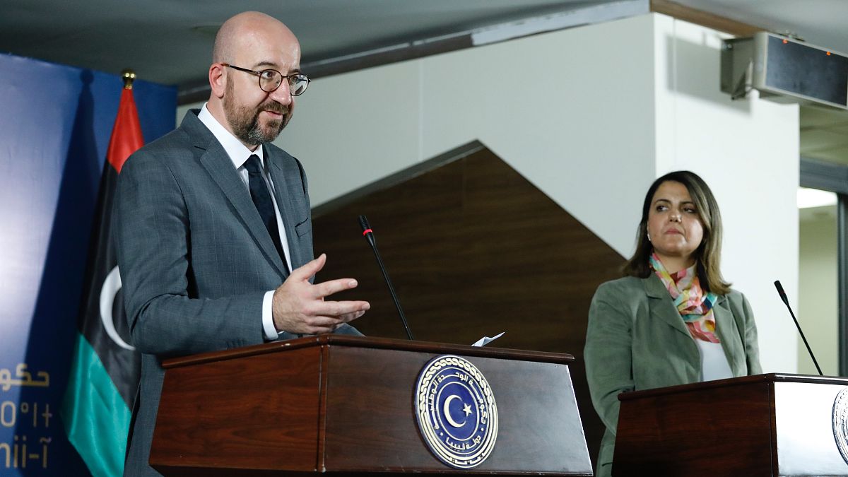 Mr Charles MICHEL, President of the European Council; Mrs Najla MANGOUSH, Libyan Minister of Foreign Affairs