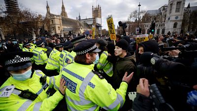 Police officers and protestors tussle during a 'Kill The Bill' protest against the Government's Police, Crime, Sentencing and Courts Bill, in central London.