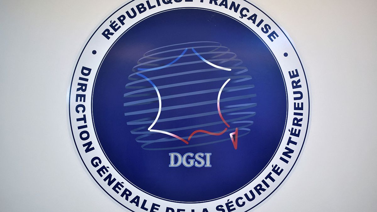 A picture shows the logo of the French General Directorate for Internal Security at its headquarters in Paris on August 31, 2020. 