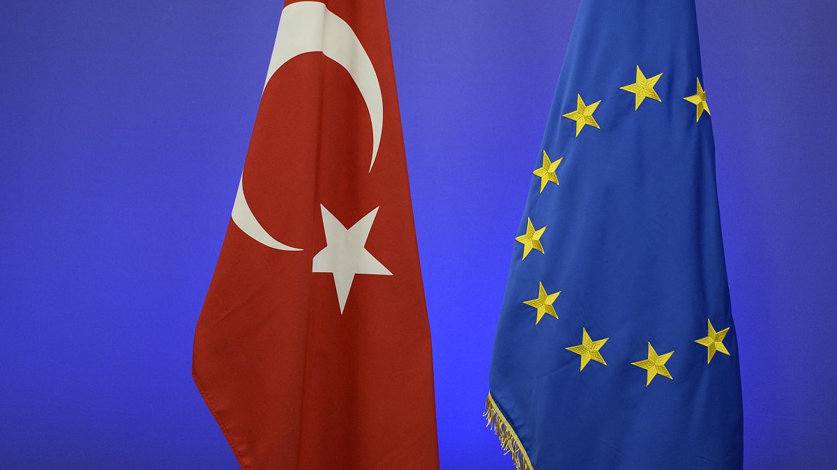 An archive image of  the Turkish national flag and the EU flag 