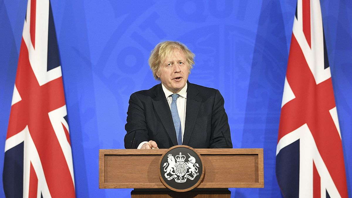 Britain's Prime Minister Boris Johnson speaks, during a coronavirus briefing in Downing Street, London, Monday April 5, 2021.