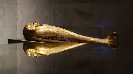 A golden sarcophagus is exhibited at Egypt's new National Museum of Egyptian Civilisation (NMEC).