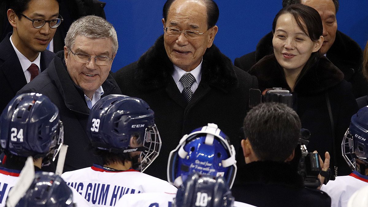 In this Feb. 10, 2018, file photo, IOC president Thomas Bach, second from left, and Kim Yo Jong, right, sister of North Korean leader Kim Jong Un, at the 2018 Winter Olympics.