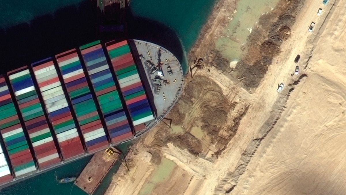 This satellite image from Maxar Technologies shows the cargo ship MV Ever Given stuck in the Suez Canal near Suez, Egypt