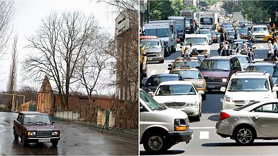 Novhorodske in Ukraine, left, wants to change its name to New York, right. Novhorodske in Ukraine, left, wants to change its name to New York, right.