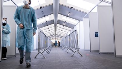 A view of the new COVID-19 center for rapid tests in Faelledparken, Copenhagen, Monday, March 29, 2021. A view of the new COVID-19 center for rapid tests in Faelledparken, Copenhagen, Monday, March 29, 2021.