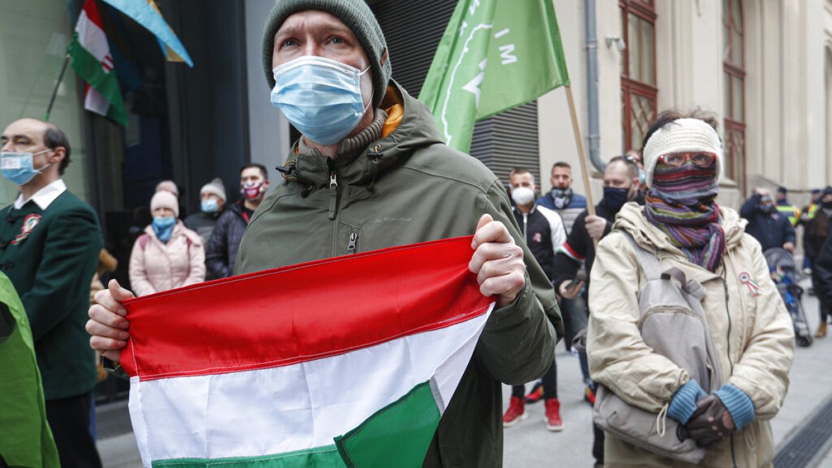 A man holds a Hungarian flag during a protest in Budapest, Hungary, Monday, March 15, 2021. 