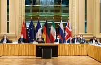 Diplomats of the EU, China, Russia and Iran at the start of talks at the Grand Hotel in Vienna on April 6, 2021