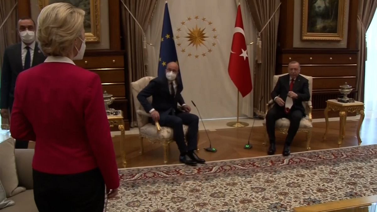 Von der Leyen and Michel during their meeting with President Erdoğan.