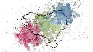 Colour representation of the genetic mix and structure in the Basque region; green symbolizes the Basques, while blue and red show mixing with adjacent populations.