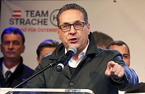 Heinz-Christian Strache, former leader of the right-wing Freedom Party, FPOE, delivers a speech for his party Team Strache at a closing rally ahead the local elections in Vien