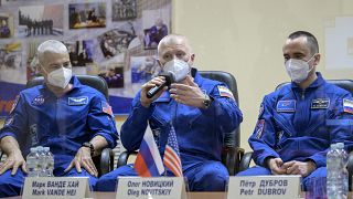 In this image provided by NASA, from left, U.S. astronaut Mark Vande Hei, Russian cosmonauts Oleg Novitsky and Pyotr Dubrov.