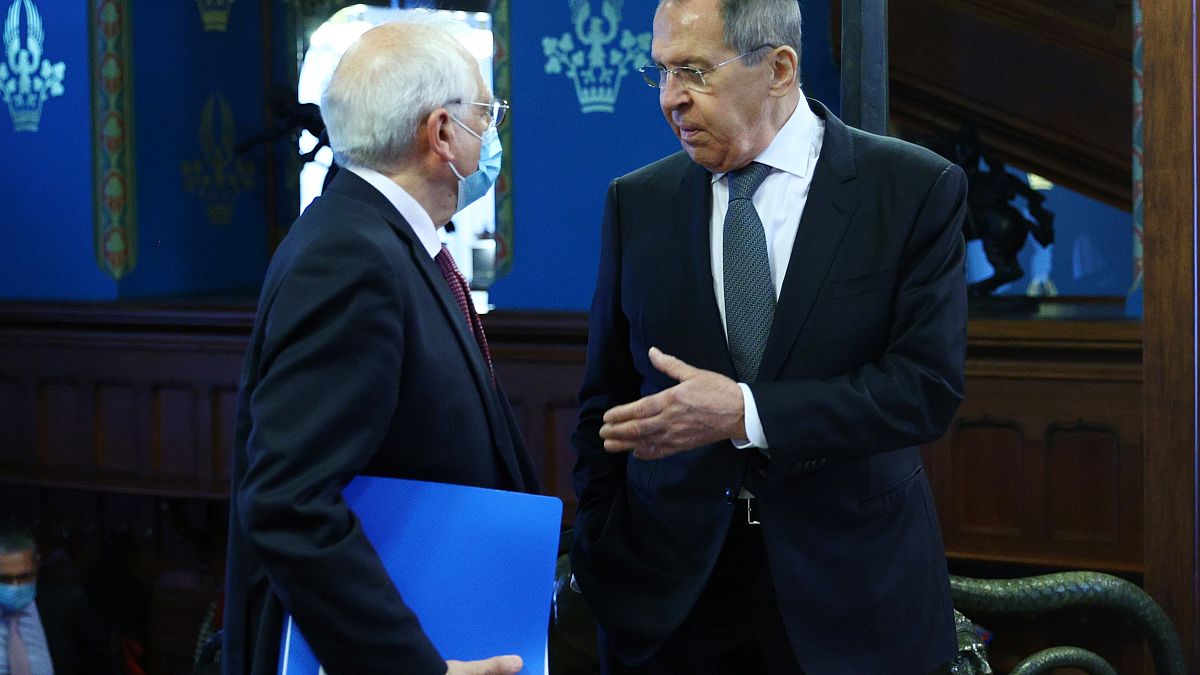 Szergej Lavrov fogadja Josep Borrellt, az Európai Unió kül- és biztonságpolitikai főképviselőjét Moszkvában 2021. február 5-én.