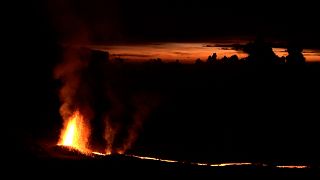 Lava projection on Piton de la Fournaise volcano, by night