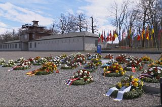 Wreaths laid at the former roll call site of the Buchenwald concentration camp