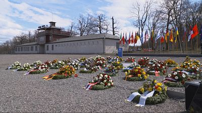 Wreaths laid at the former roll call site of the Buchenwald concentration camp