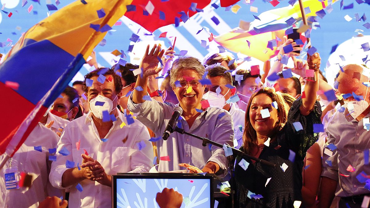 Guillermo Lasso, presidential candidate of Creating Opportunities party, celebrates after a presidential runoff election at his campaign headquarters in Guayaquil, Ecuador.
