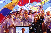 Guillermo Lasso, presidential candidate of Creating Opportunities party, celebrates after a presidential runoff election at his campaign headquarters in Guayaquil, Ecuador.