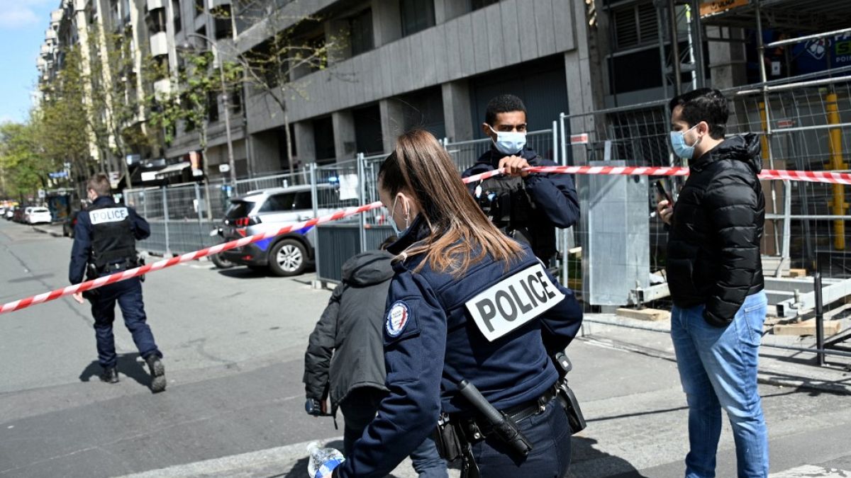 French police cordon off the area near the Henry Dunant private hospital where one person was shot dead and one injured in a shooting, Paris April 12, 2021. 