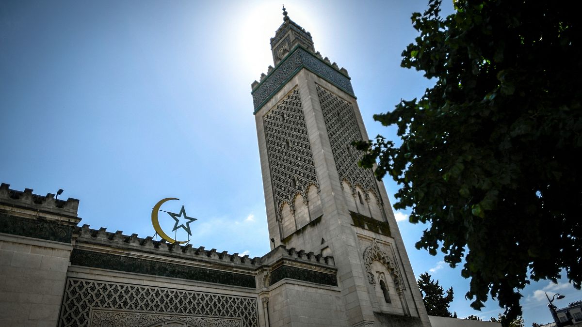 FILE: A picture taken on May 24, 2020 shows the minaret and facade of the Great Mosque of Paris