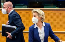 Ursula von der Leyen and Charles Michel arrive for a meeting at the European Parliament on Tuesday